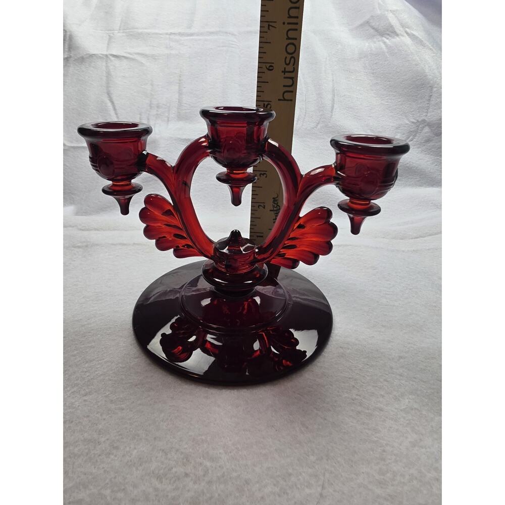 Vintage New Martinsville Glass Moondrops Ruby Red Winged 3 Candlestick Holder - Picture 6 of 7